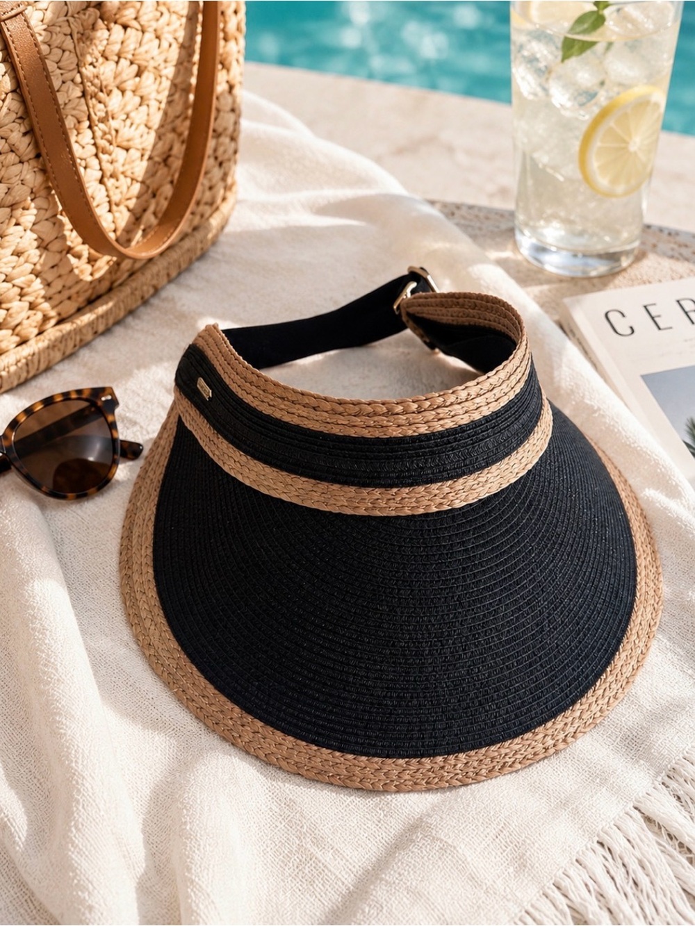 Sun N Sand UPF 50+ Black & Tan Straw Roll-Up Beach Visor